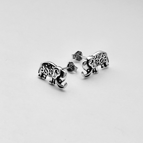 Sterling Silver Filigree Elephant Earrings, Animal Earring, Silver Stud Earring - Picture 5 of 12